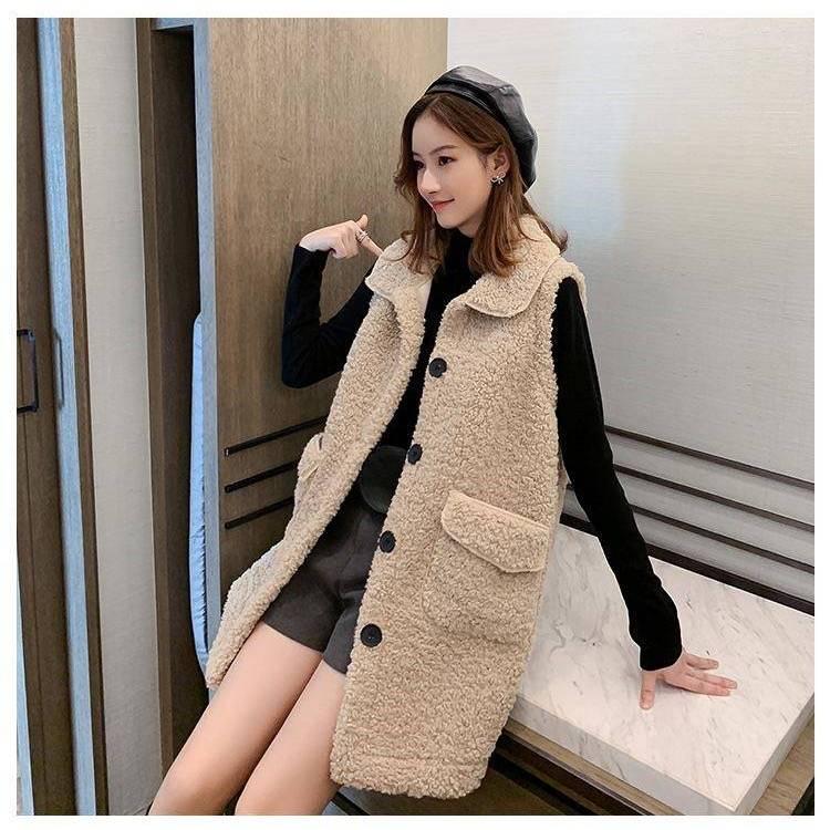 Woman Vest Winter Vests of Women Single Breasted Faux Lamb Wool Vest Coat Turn-down Collar