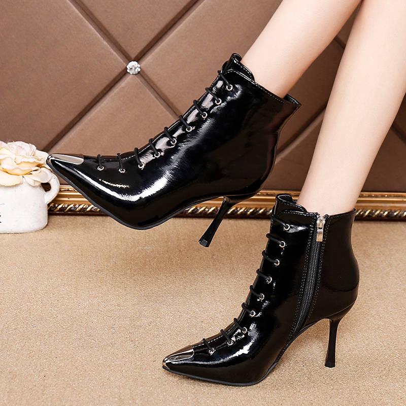 Women's Shoes Metal Pointed Stiletto High-heeled Ankle Boots Plus Velvet
