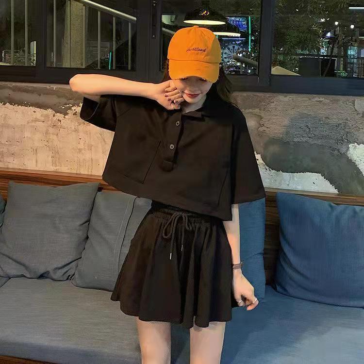 Two-piece Women's Polo Collar Workwear Loose All-match Short-sleeved T-shirt + Wide-leg Culottes Set Casual Sportswear Home Clothing