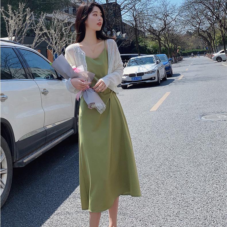 Female Summer V-neck Satin Medium Length Simple Casual Light Mature Style Korean Elegant One Piece Bottom Strap Dress