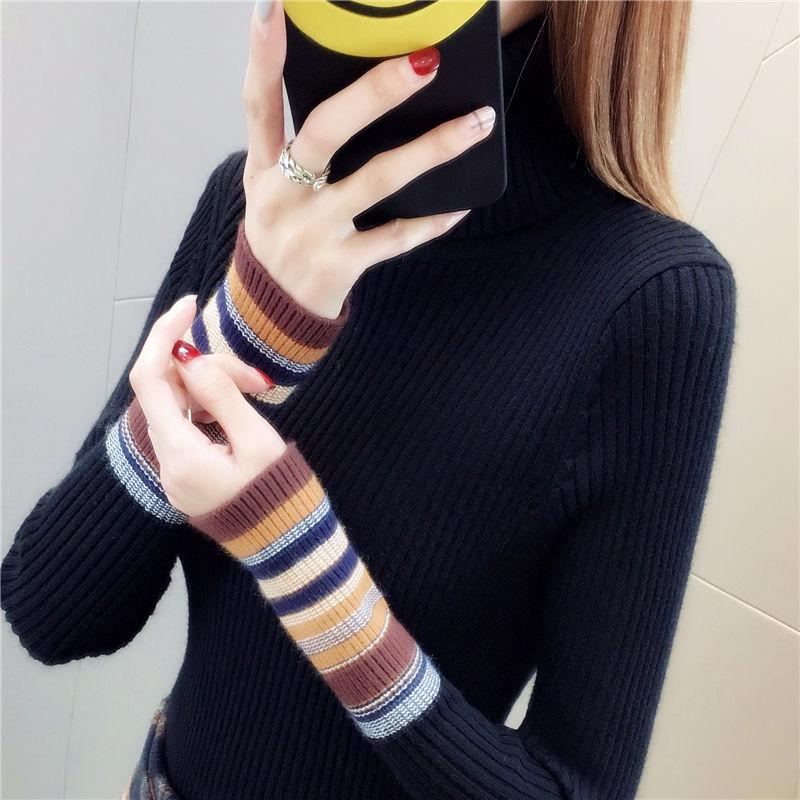 Pofulove turtleneck sweater women plus velvet thick autumn and winter new warm knitted base shirt long sleeve shirt