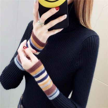 Pofulove turtleneck sweater women plus velvet thick autumn and winter new warm knitted base shirt long sleeve shirt