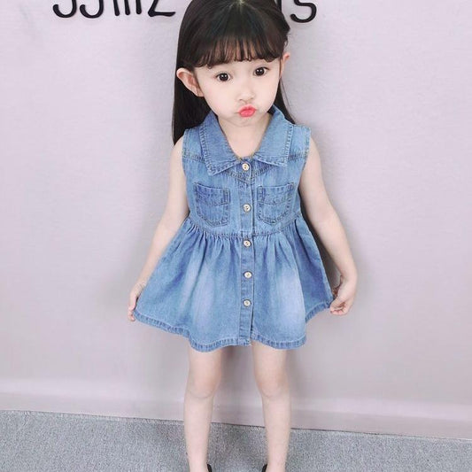 Children Dress Girls Summer Dress Korean Princess Dress Denim Dress Single Breasted Pocket Sleeveless Denim A-line Skirt
