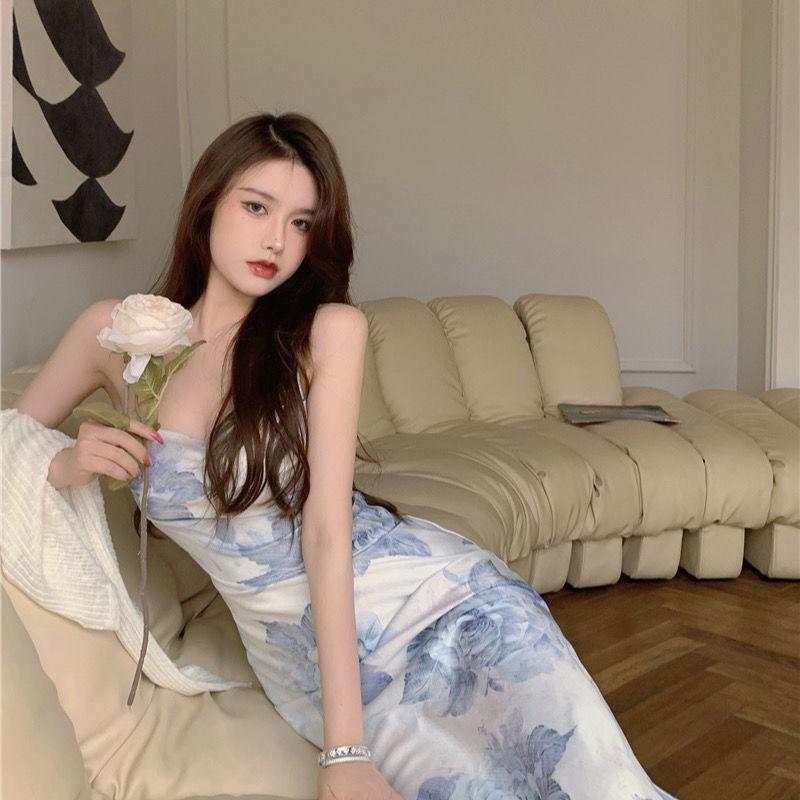 Female Vintage Suspender Floral Print Wrap Buttocks Mid Length Holiday Dress Elegant Slim Backless Party Dress