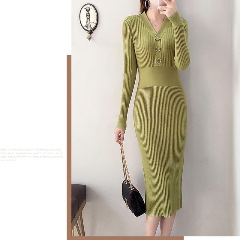 Autumn and Winter Fashion Padded Sweater Skirt Mid-length Over The Knee V-neck Knitted Dress Slim Inner Base Bag Hip Skirt