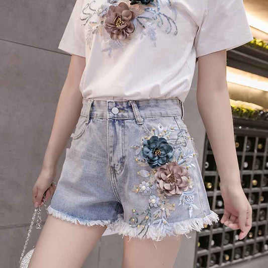 Embroidered Flower Three-dimensional Flower Sexy Denim Shorts Women's Spring and Summer Raw Edge Wide-leg Pants