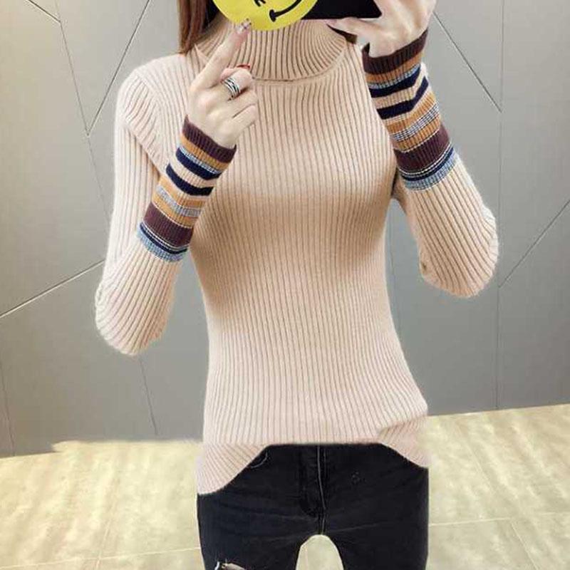 Women Striped Turtleneck Sweater Long Sleeve Slim Base Shirt Knitted Pullover Autumn Winter