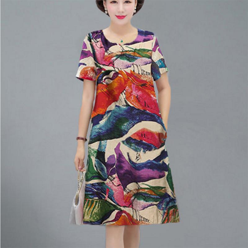 Women Summer L-XXXXXL Plus Size Mid-length Printed Dress Short Sleeve A-line knee-length