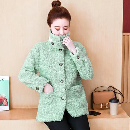Lapel Lamb Wool Coat Winter Fashion Short Thick Warm Plush Cotton Coat Suitable for Young and Middle-aged Women