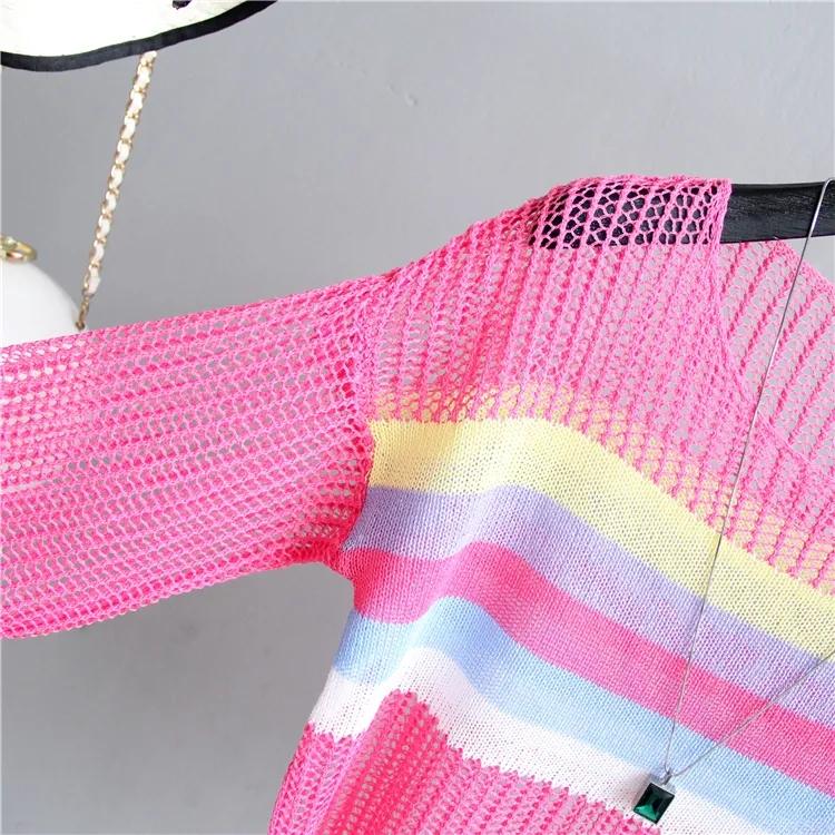 Spring and Summer Hollow Knitted Sunscreen Jacket Top Women's Loose Thin Color Stripes