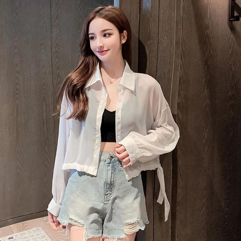 Short Sunscreen Shirt  Blouse Rope Waist Strap Loose Wear Summer Thin Top Women's Clothing  Female Coat Sun Protection Cardigan