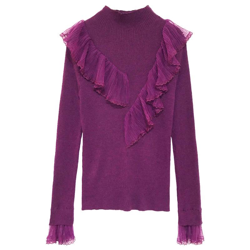 Pofulove Women Sexy Lace Ruffles Base Shirt Turtleneck Slim Knitwear Solid Color Bottoming Sweaters