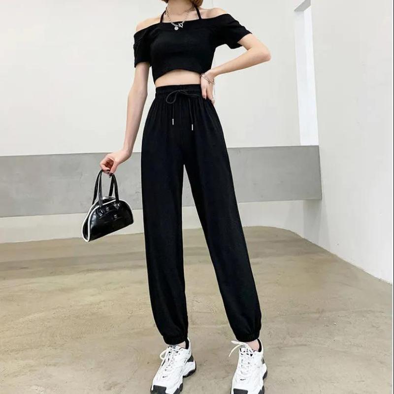 White Ice Silk Sports Pants Women's Summer Thin Section Loose and Thin Nine-point Beam Foot Casual Lantern Pants