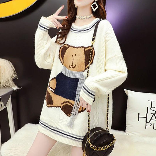 Autumn Winter  Women Fashion Sweater Casual Knitting Sweater Mid-length  Round Neck Pullovers Loose Casual Long Sleeve Sweater