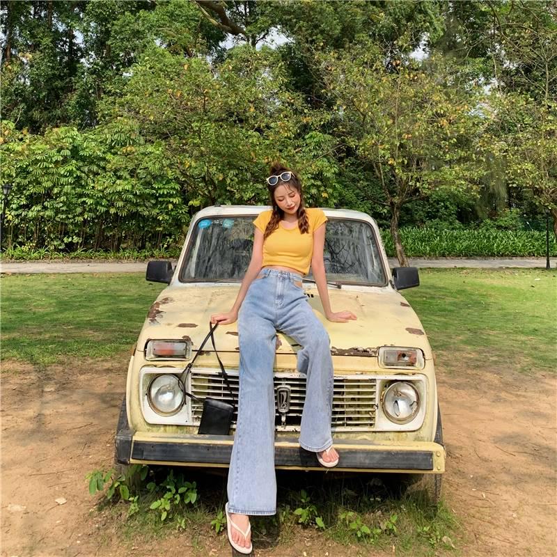 WTEMPO Retro Hollow High Waist Spring Mop Jeans Women Loose Thin Skinny Wide Leg Pants Wild Long Pants