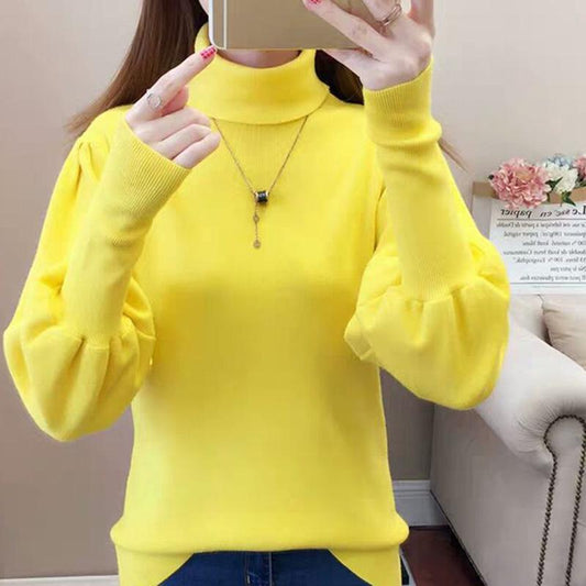 Core-spun High-neck Slim-fit Sweater Women Autumn and Winter Lantern Sleeve Knit Top Fashion Loose Bottoming Shirt Tide