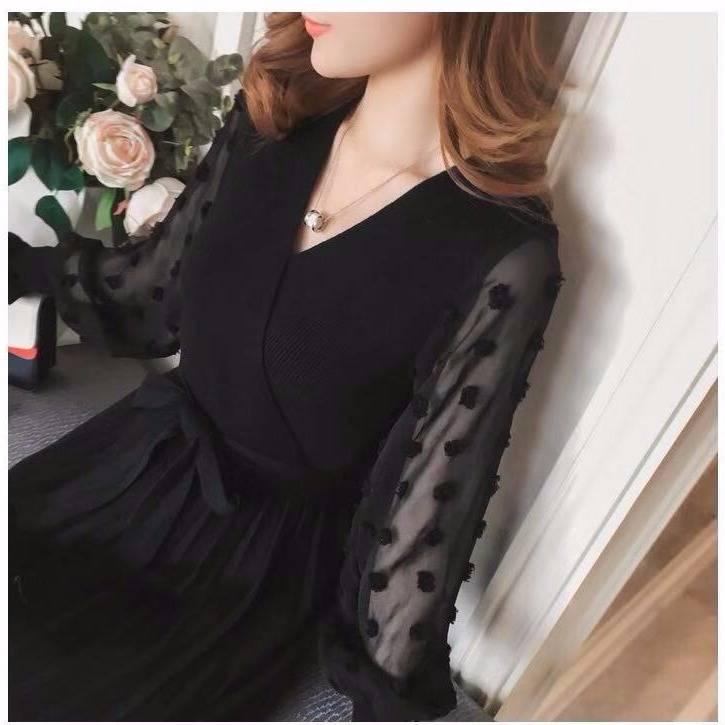 Pofulove 4 Colors Women Winter Sweater Dress Long V-neck Flower Chiffon Cuffs Knitted Pullover Skirt