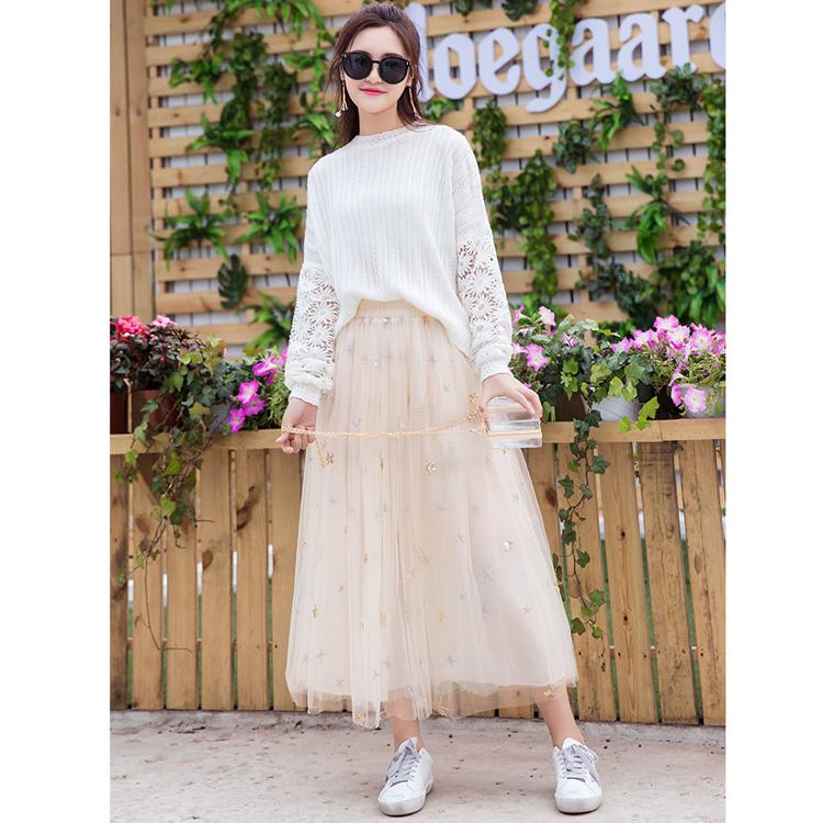 Spring Summer Vintage Skirt Womens Elastic High Waist Tulle Skirts Long Pleated Mesh Skirt