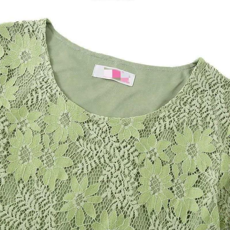 M-4XL Blouse Loose Round Neck 3/4 Sleeves Solid Color Fashion Shirt Plus Size Slim Fit Elegant Hollow Lace Shirt Top
