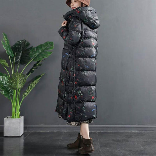 Women's Camouflage Pattern Down Jacket Chinese Style Printed Retro Buckle Mid-length Over-the-knee Large Size Ethnic Style Jacket