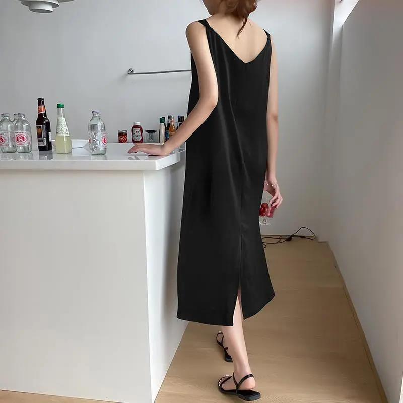 Black Split Fork Chiffon Sling Dress Women's Large Size Mid-length Basic Base Skirt  Sexy Soft and Comfortable