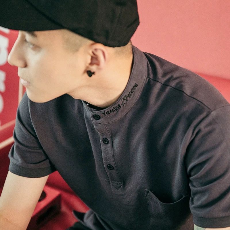 Stand-up Collar Men's Pure Cotton    Shirt Tide Summer Tide Brand Retro Led Men's Short-sleeved T-shirt