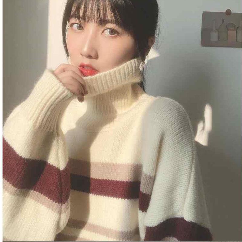 Autumn and Winter Fashion Jacket Striped High Neck Korean Sweater Loose and Versatile Mid-length Young Women's Top