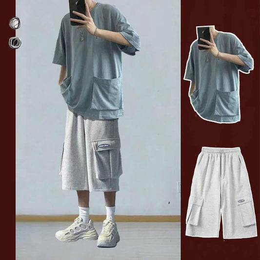 Summer Solid Color Two-piece Casual Five-point Sleeve Suit Male Student Big Pocket T-shirt Men's Seven-point Guard Pants