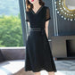 L-5XL Spring Summer Chiffon Dress Large Size V-neck See-through Mesh Short-sleeves Temperament Slim Black Skirt Female Bow Strap A-line Dress