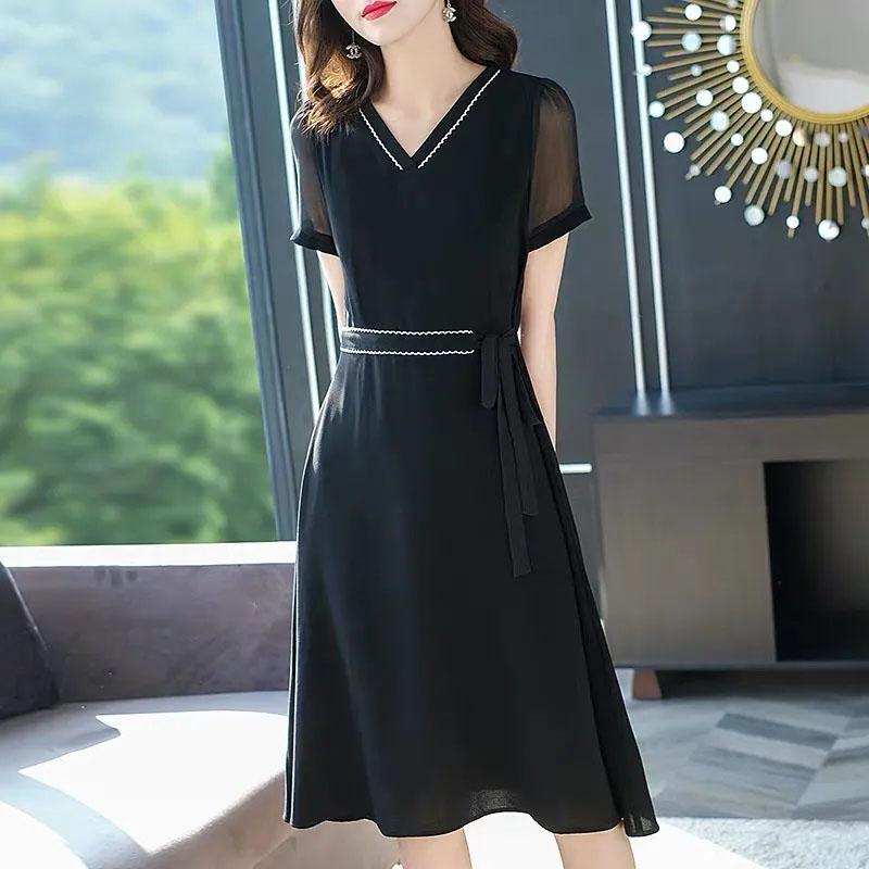 L-5XL Spring Summer Chiffon Dress Large Size V-neck See-through Mesh Short-sleeves Temperament Slim Black Skirt Female Bow Strap A-line Dress