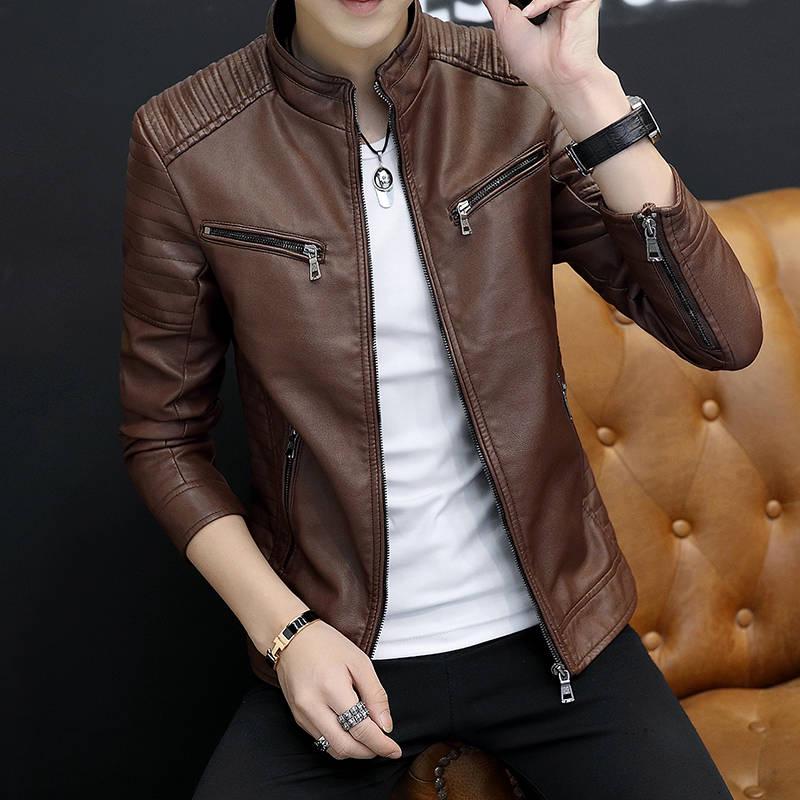 Men's Leather Jackets Slim Stand Collar Zipper Fashion Coat Motorcycle Leather Jacket Mens Coats