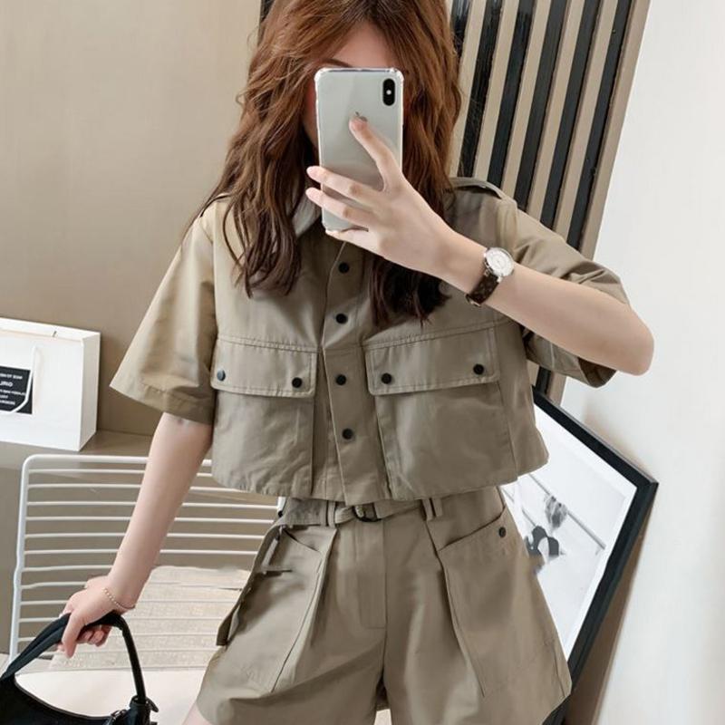 Two-piece Suit Women's Summer Casual Fashion Loose Tooling Korean Wide-leg Pants Suit Solid Color Top and Shorts