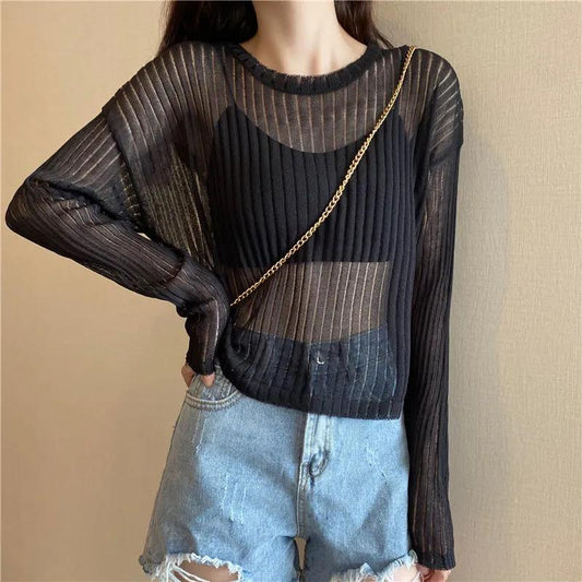 Loose and Thin Long-sleeved Hollow Knitted Sweater Women's All-match Sunscreen Shirt Top Sexy See-through Dress