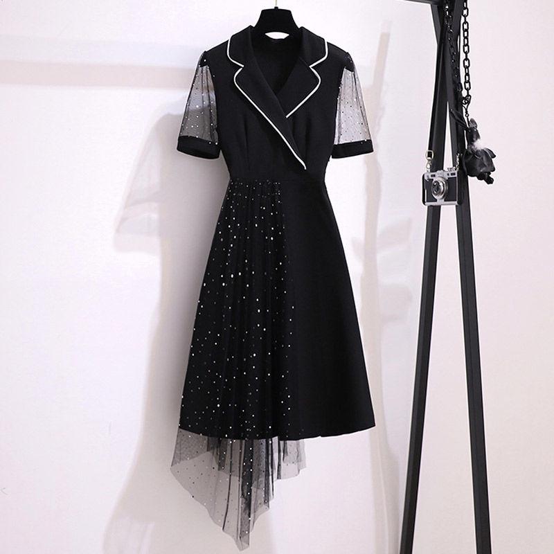 Women Plus Size Dress Lace Mesh Splicing Irregular Dress Mid-length Sequins A-line Party Dress