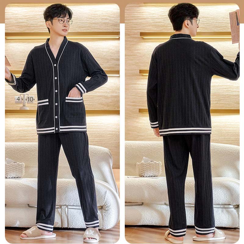 Pajamas Men's Spring and Autumn Long-sleeved Cotton Thin Latest Suits Trendy Men's Loose Can Be Worn Outside The Home Clothes