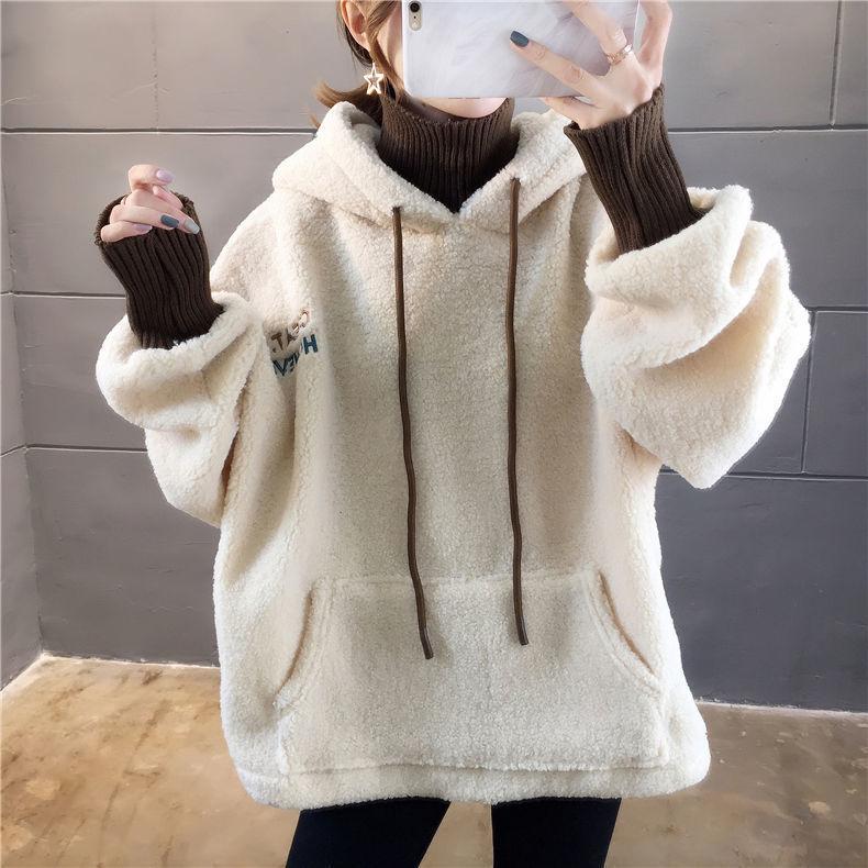 Large Size Fake Two-piece Sweater Loose Thick Autumn and Winter Jacket Lantern Sleeve Hooded Top