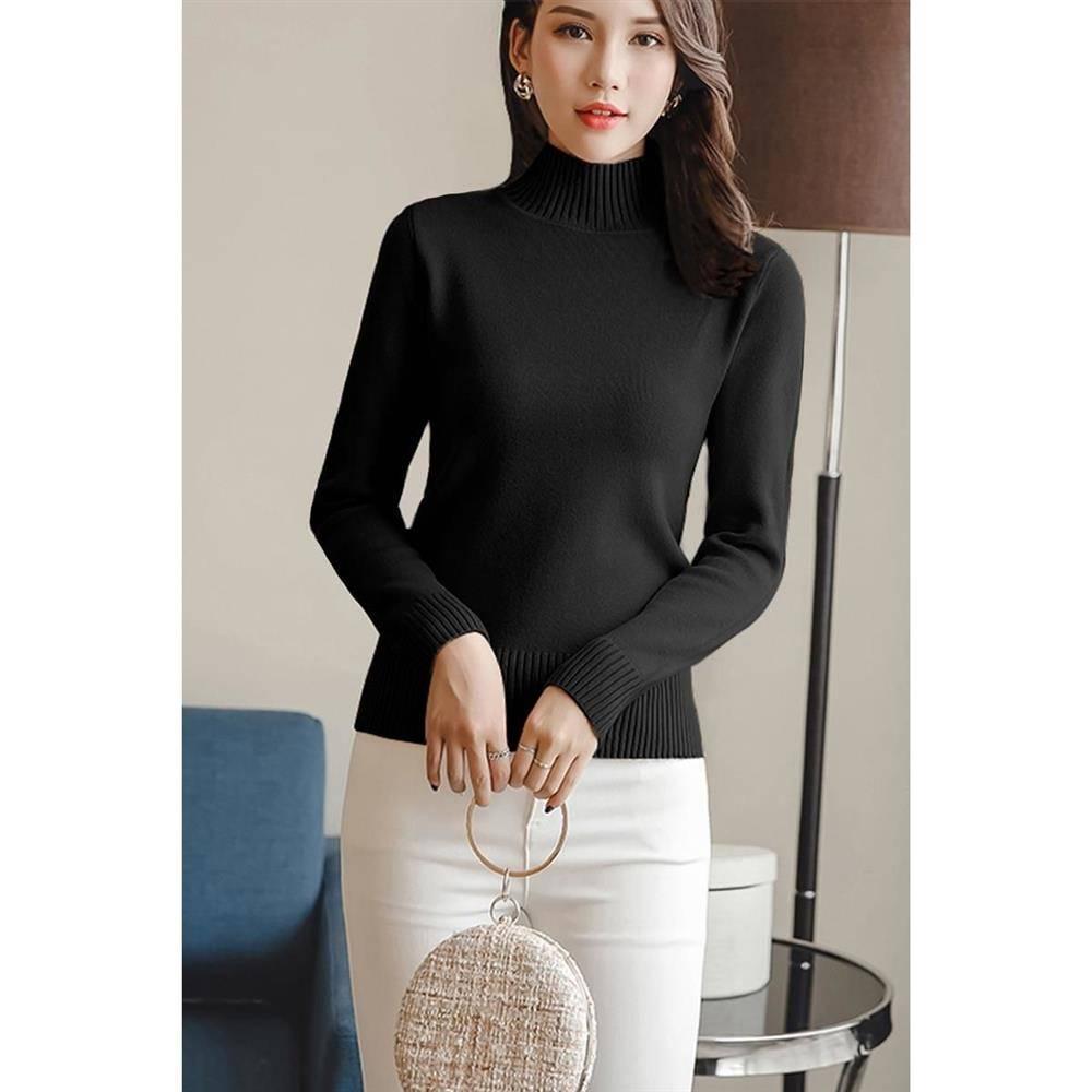 Pofulove Autumn Half Turtleneck Sweater Women Bottoming Shirt Black Long-sleeved Slim Pullover Shirt