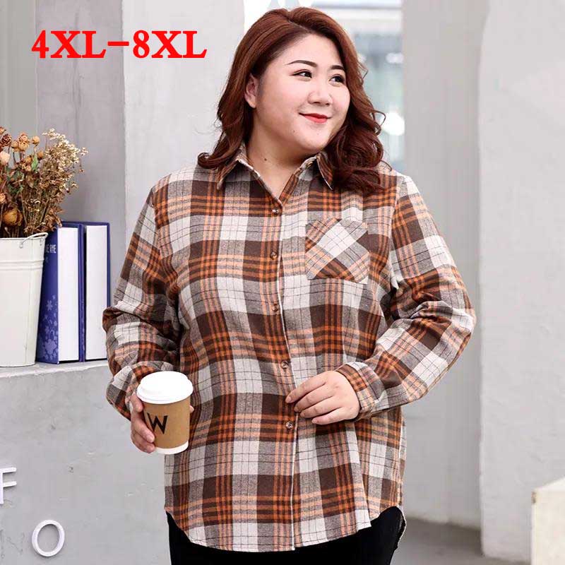 Large Size 150kg Wearable Pink Plaid Shirt Women Loose Brushed Shirt Casual Lapel Long Sleeve blouses