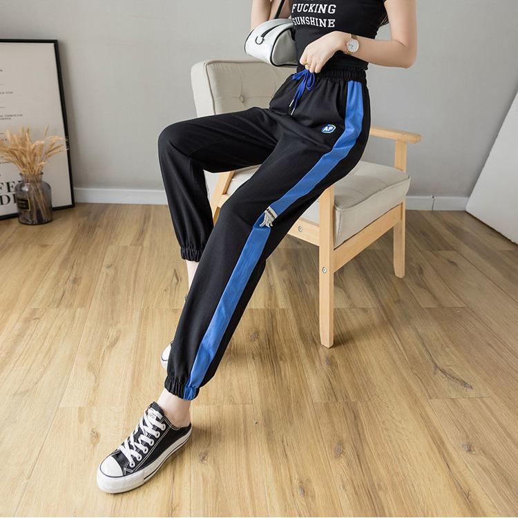 WTEMPO Stitching Stripes Sport Pants Elastic Waist Joggers Casyal Women Long Sweatpants Loose Casual Solid Color Baggy Trousers