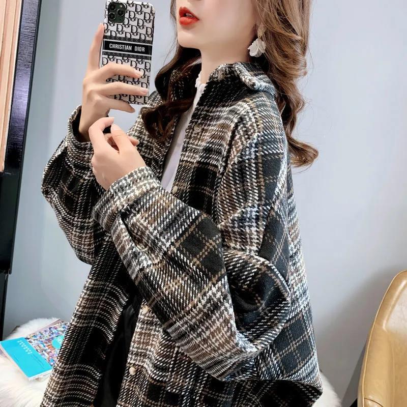Thickened Plaid Shirt Women's Jacket Women's Spring All-match Long-sleeved Thin Top Fashion Woolen Shirt