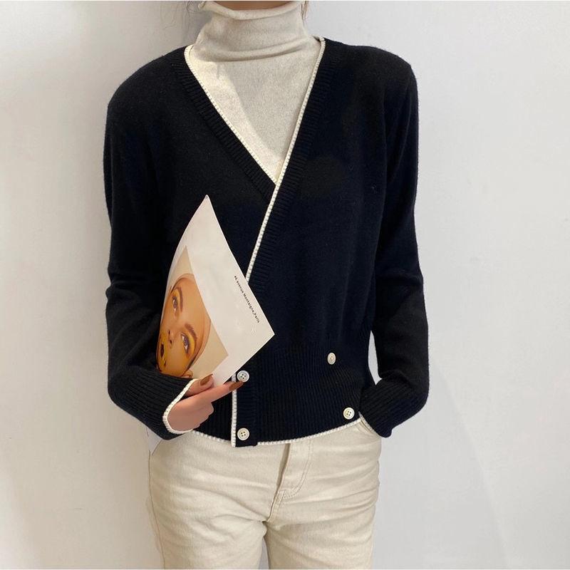 Color-blocking Turtleneck Sweater Women Autumn and Winter Piled Pile Collar Loose Wild Western Fake Two-piece Knitted Bottoming Shirt
