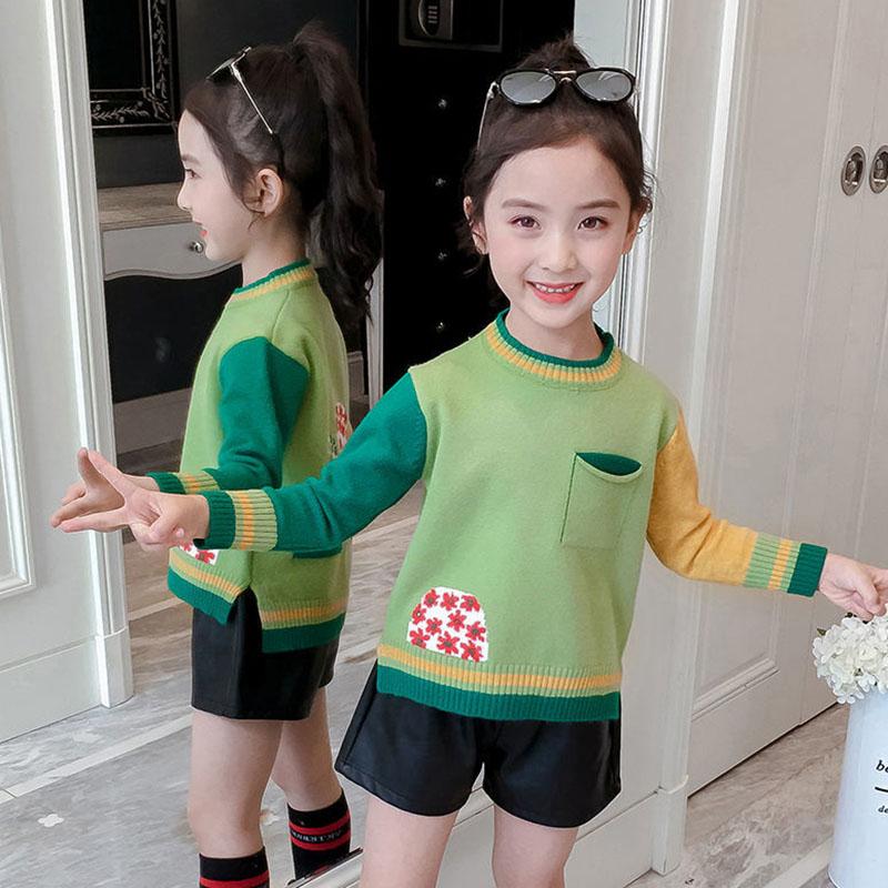 Autumn and Winter Padded Pullover Sweater for Middle and Large Children's Knitted Bottoming Shirt Color Matching Girls Top