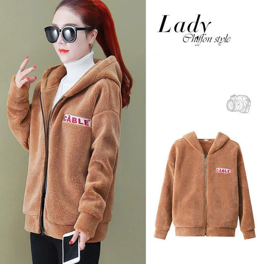 Fleece Thickened Faux Lamb Wool Coat Women's Short Korean Style Loose Autumn and Winter Hooded Top