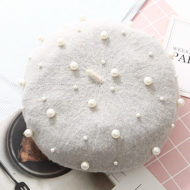 Women's Wool Beret Autumn Casual Pearl Rivet Solid Color Beret