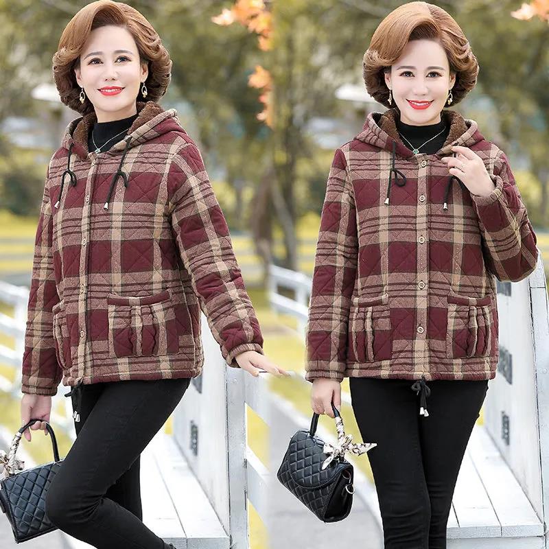 Winter Plus Velvet Cotton Jacket Women's Plaid Short Hooded Cotton Jacket Suitable for Middle-aged Women