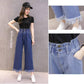 WTEMPO Straight Elastic Waist Tassel Decoration Women's Jeans Loose Wide Leg Straight  Denim Big Pocket Trousers