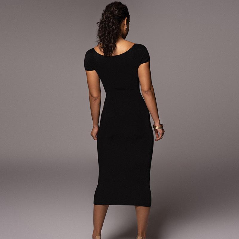 Women's Spring Fashion One Word Neck Ribbed Long Dress
