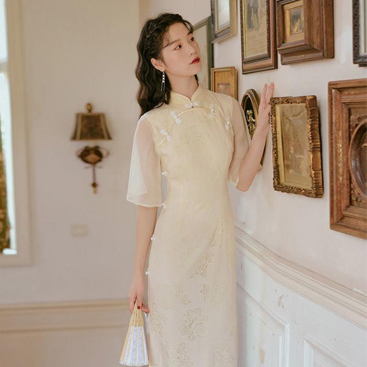 Improved Version of Chinese Style Women's Hanfu Cheongsam Women's Retro Elegant Long Temperament Dress Slim Cute Retro Style Embroidery Pattern