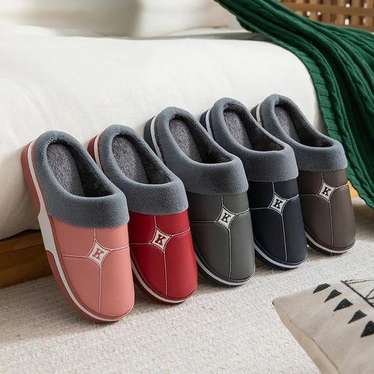 Lovers PU Lint Slippers Household Waterproof Thick-soled Warm Cotton Slippers Winter Indoor Couple Hair Slippers