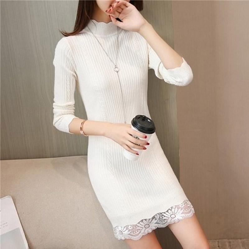 Inside Wearing A Sweater Autumn and Winter Long   Female Slim  Collar Lace Warm